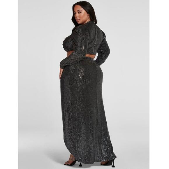 Fashion to Figure Leandra Black Puff Sleeve Metallic Sequin Ruched Crop Top Sz L - Picture 4 of 9